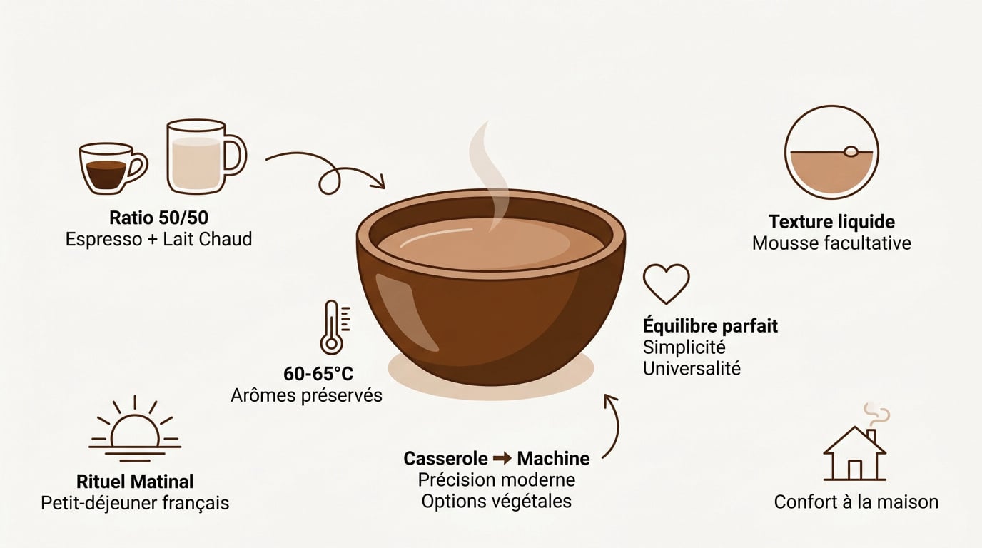 Préparation d'un café au lait traditionnel avec un équilibre parfait entre espresso et lait chaud