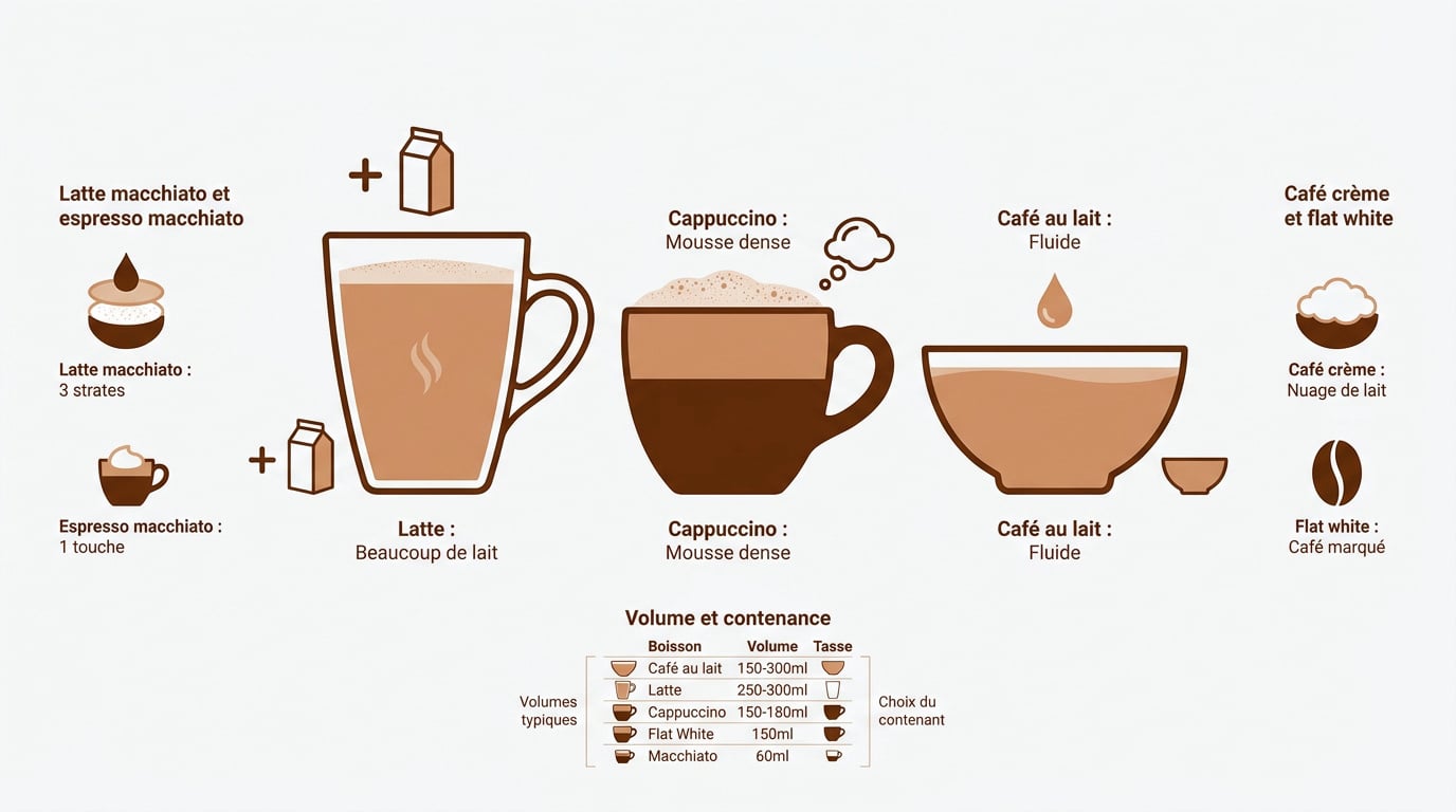 Comparatif visuel des différentes boissons lactées à base de café