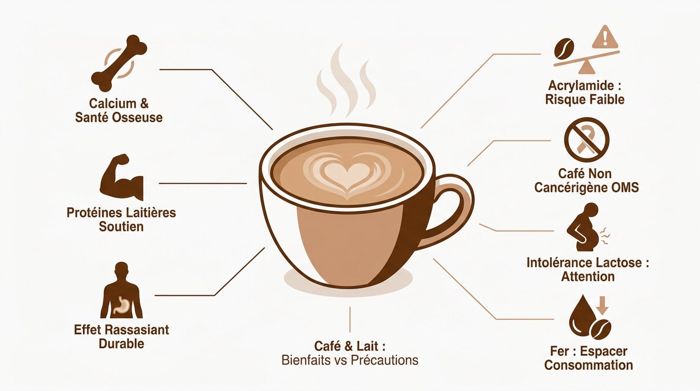 Tasse de café au lait onctueuse illustrant les apports nutritionnels et la santé