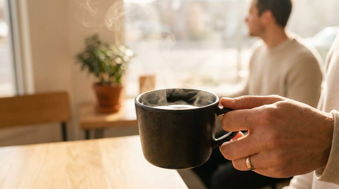 Une main tient une tasse de café fumante dans un café lumineux avec une personne en arrière-plan.