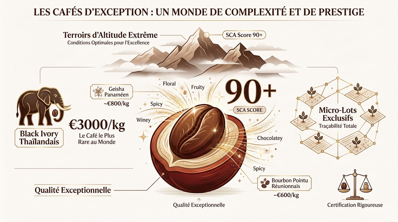 Grains de café de spécialité notés plus de 90 au score SCA sur une table de dégustation