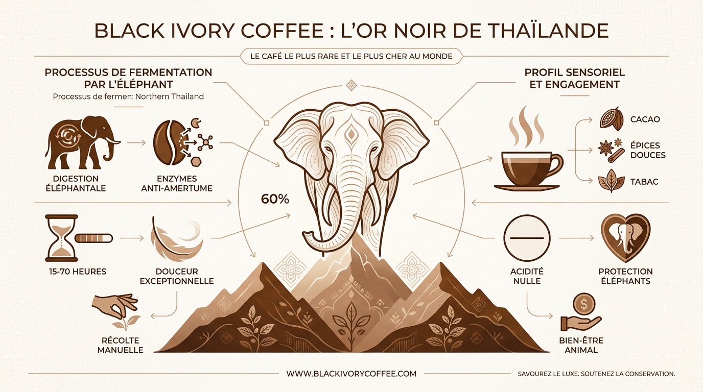 Grains de café Black Ivory Coffee récoltés en Thaïlande après fermentation naturelle par les éléphants