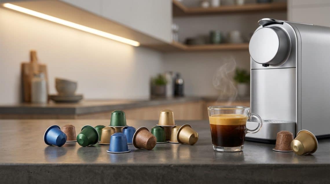 Machine à café moderne avec des capsules de différentes couleurs et une tasse de café fumant sur un comptoir de cuisine.
