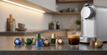 Machine à café moderne avec des capsules de différentes couleurs et une tasse de café fumant sur un comptoir de cuisine.