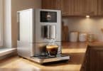 Machine à expresso automatique Krups en acier brossé préparant un café fumant sur un plan de travail en bois.