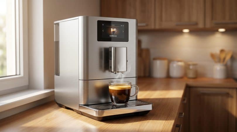Machine à expresso automatique Krups en acier brossé préparant un café fumant sur un plan de travail en bois.