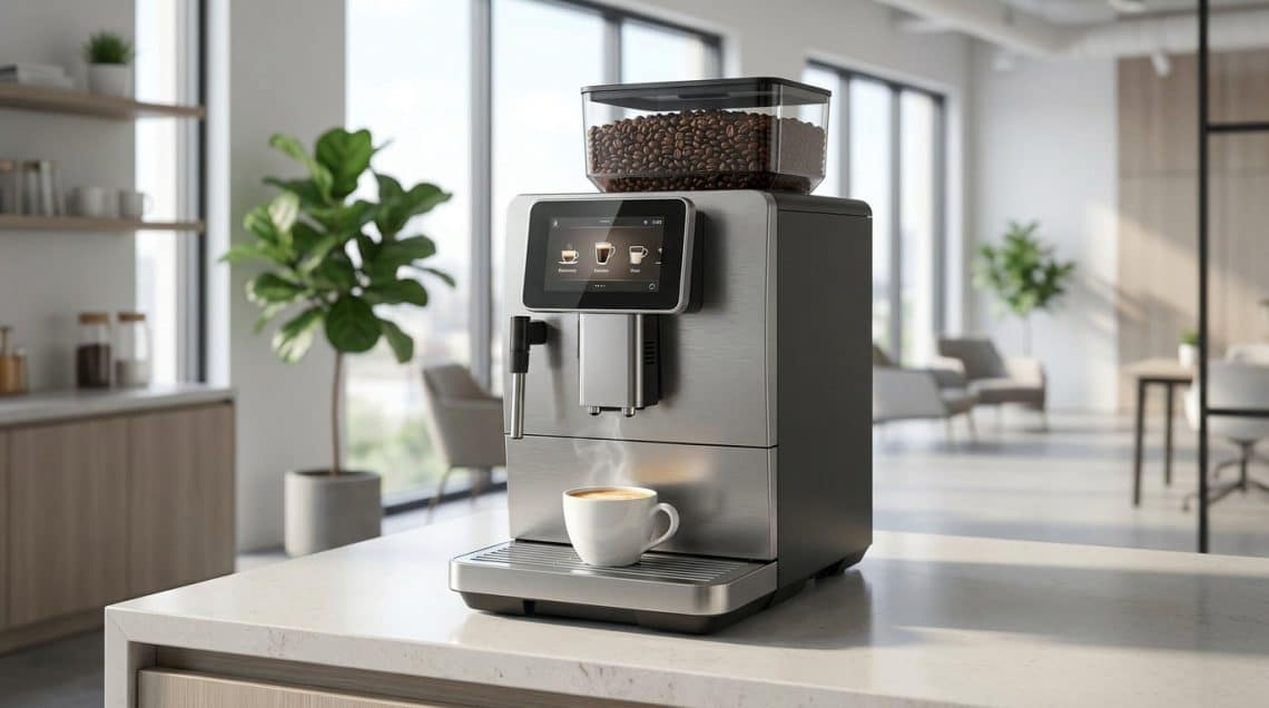 Machine à café moderne en inox avec écran tactile et grains de café dans un espace de bureau lumineux.