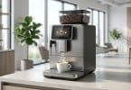 Machine à café moderne en inox avec écran tactile et grains de café dans un espace de bureau lumineux.