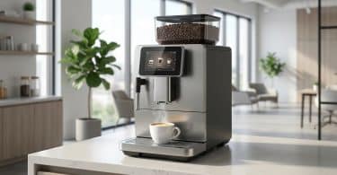 Machine à café moderne en inox avec écran tactile et grains de café dans un espace de bureau lumineux.