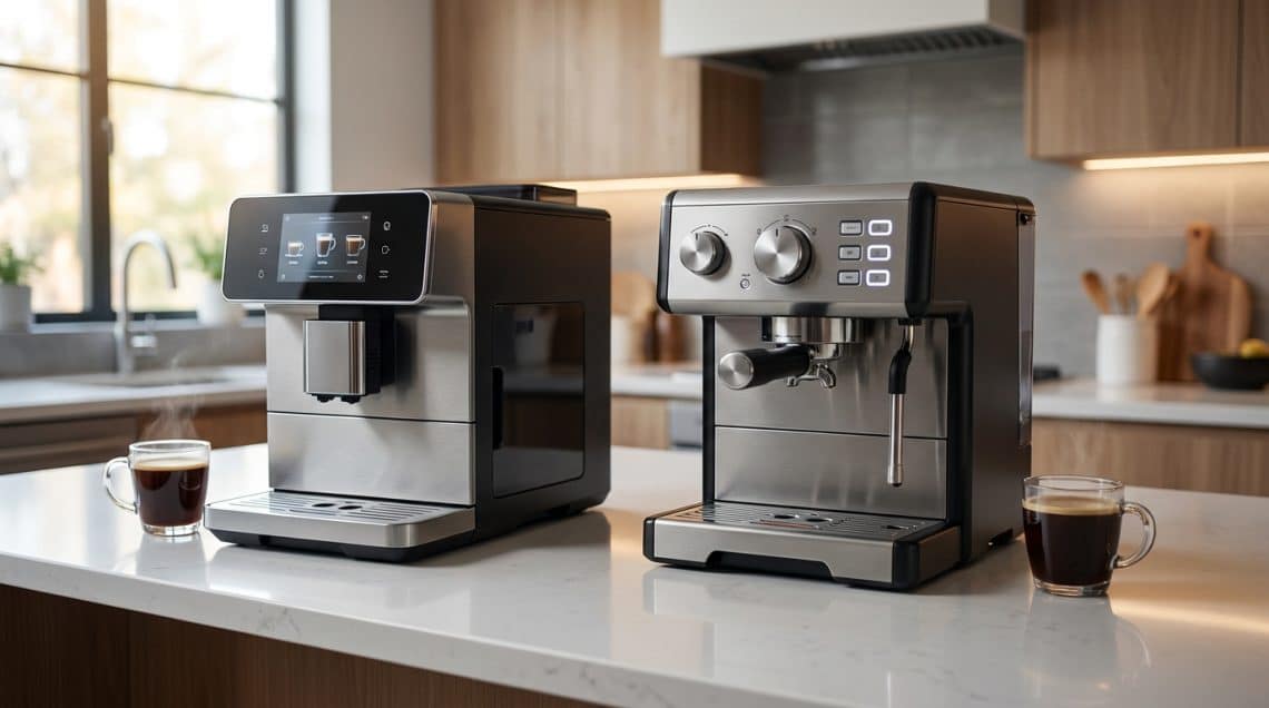 Deux machines à café De'Longhi côte à côte sur un plan de travail de cuisine moderne.