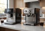 Deux machines à café De'Longhi côte à côte sur un plan de travail de cuisine moderne.