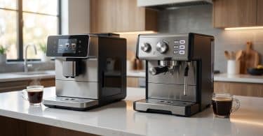 Deux machines à café De'Longhi côte à côte sur un plan de travail de cuisine moderne.