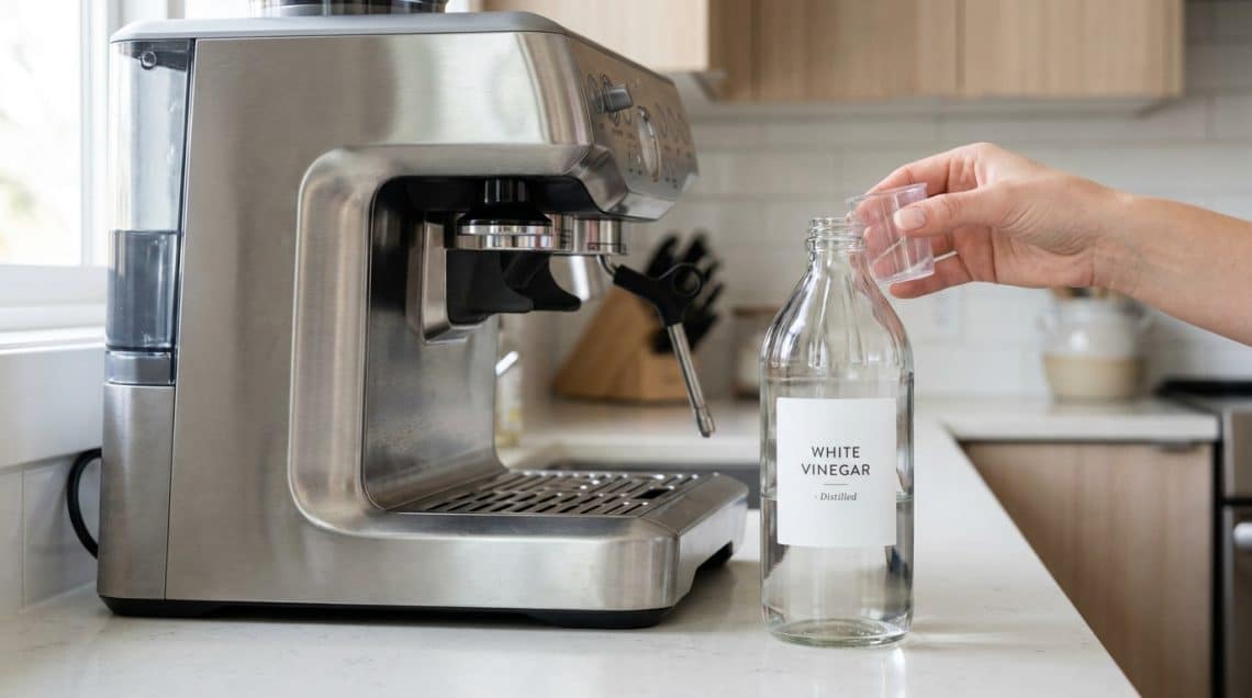 Une main tenant un petit verre doseur au-dessus d'une bouteille de vinaigre blanc &agrave; c&ocirc;t&eacute; d'une machine &agrave; caf&eacute;.