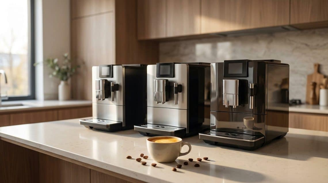 Trois machines à café automatiques alignées sur un îlot de cuisine avec une tasse de café et des grains devant elles.