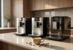 Trois machines à café automatiques alignées sur un îlot de cuisine avec une tasse de café et des grains devant elles.