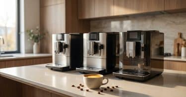 Trois machines à café automatiques alignées sur un îlot de cuisine avec une tasse de café et des grains devant elles.