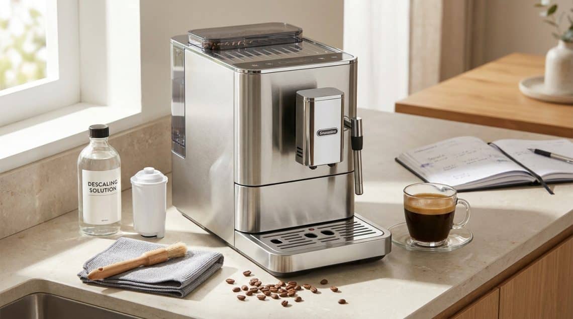 Machine &agrave; caf&eacute; en inox sur un comptoir avec produits d'entretien, une tasse de caf&eacute; et un carnet.