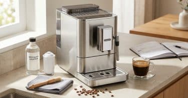 Machine à café en inox sur un comptoir avec produits d'entretien, une tasse de café et un carnet.
