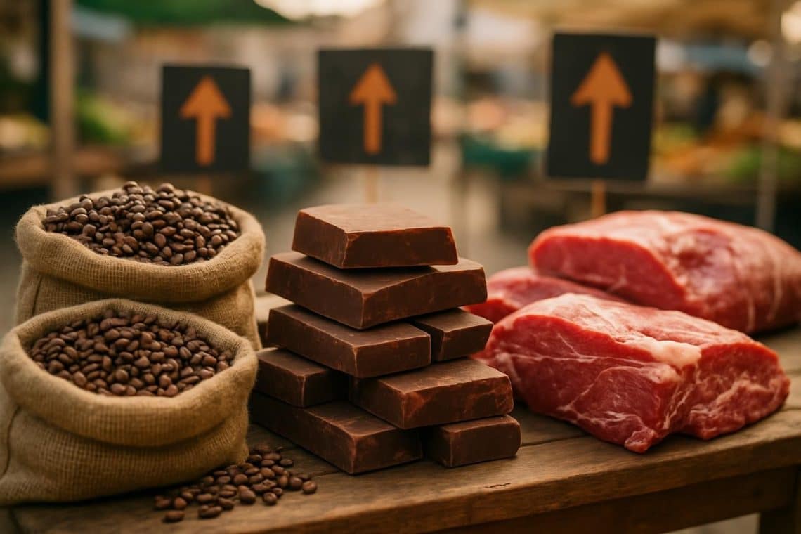 d&eacute;couvrez comment la hausse des prix alimentaires impacte particuli&egrave;rement le caf&eacute;, le chocolat et la viande, avec une augmentation moyenne de 1,7% sur un an.