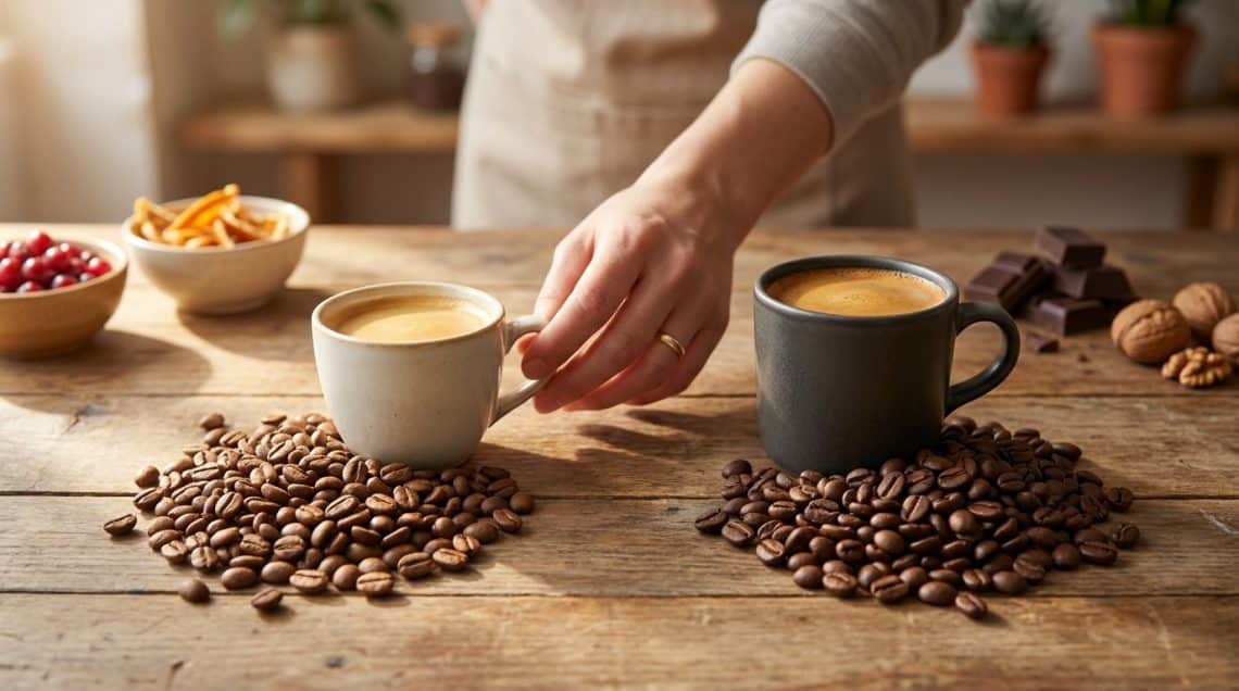 Une main saisit une tasse de café sur une table en bois entourée de tas de grains de café et d'ingrédients gourmands.