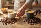 Une main saisit une tasse de café sur une table en bois entourée de tas de grains de café et d'ingrédients gourmands.