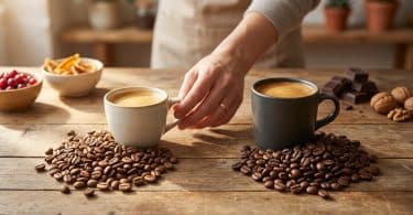 Une main saisit une tasse de café sur une table en bois entourée de tas de grains de café et d'ingrédients gourmands.