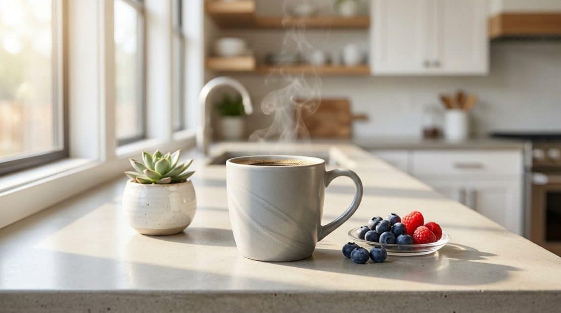 Une tasse de café fumante, des myrtilles et des framboises sur un comptoir de cuisine lumineux.