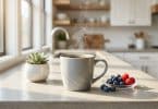 Une tasse de café fumante, des myrtilles et des framboises sur un comptoir de cuisine lumineux.