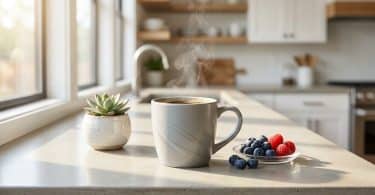 Une tasse de café fumante, des myrtilles et des framboises sur un comptoir de cuisine lumineux.