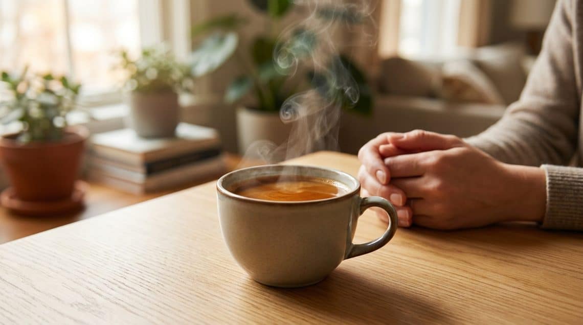 Une tasse de café fumante posée sur une table en bois près de mains jointes, dans un intérieur lumineux et végétalisé.