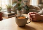 Une tasse de café fumante posée sur une table en bois près de mains jointes, dans un intérieur lumineux et végétalisé.