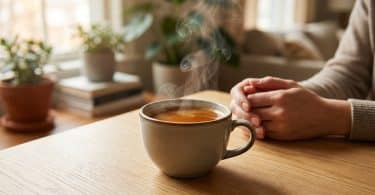 Une tasse de café fumante posée sur une table en bois près de mains jointes, dans un intérieur lumineux et végétalisé.