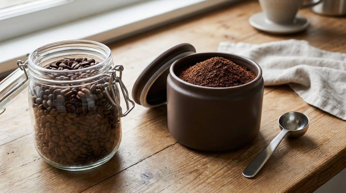 Un bocal de grains de café et une boîte de café moulu sur une table en bois avec une cuillère doseuse.