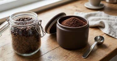 Un bocal de grains de café et une boîte de café moulu sur une table en bois avec une cuillère doseuse.