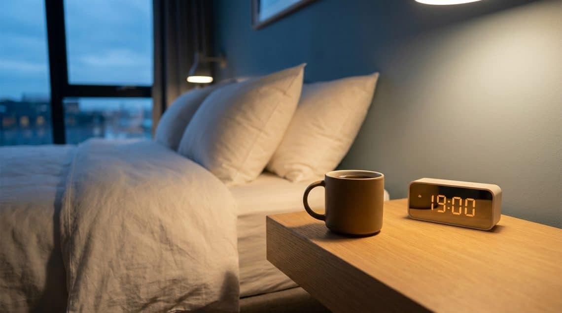 Une tasse de caf&eacute; et un r&eacute;veil affichant 19h00 pos&eacute;s sur une table de chevet &agrave; c&ocirc;t&eacute; d'un lit douillet.