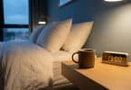 Une tasse de café et un réveil affichant 19h00 posés sur une table de chevet à côté d'un lit douillet.