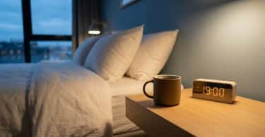 Une tasse de café et un réveil affichant 19h00 posés sur une table de chevet à côté d'un lit douillet.