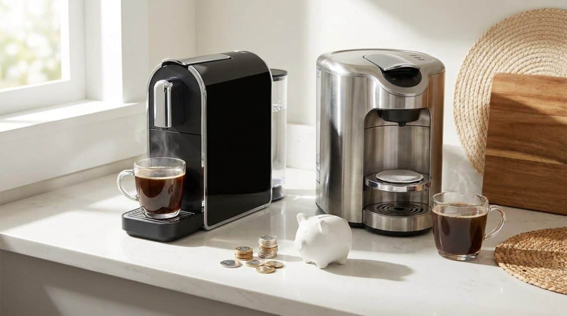 Deux cafeti&egrave;res sur un plan de travail avec des tasses de caf&eacute;, une tirelire et quelques pi&egrave;ces de monnaie.