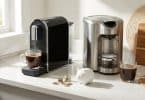 Deux cafetières sur un plan de travail avec des tasses de café, une tirelire et quelques pièces de monnaie.