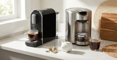 Deux cafetières sur un plan de travail avec des tasses de café, une tirelire et quelques pièces de monnaie.