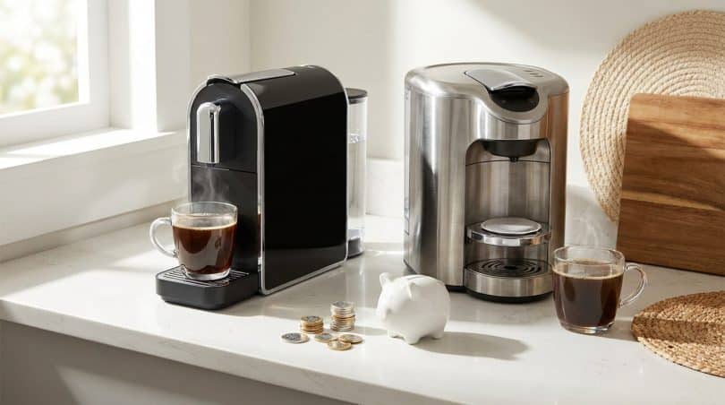 Deux cafetières sur un plan de travail avec des tasses de café, une tirelire et quelques pièces de monnaie.