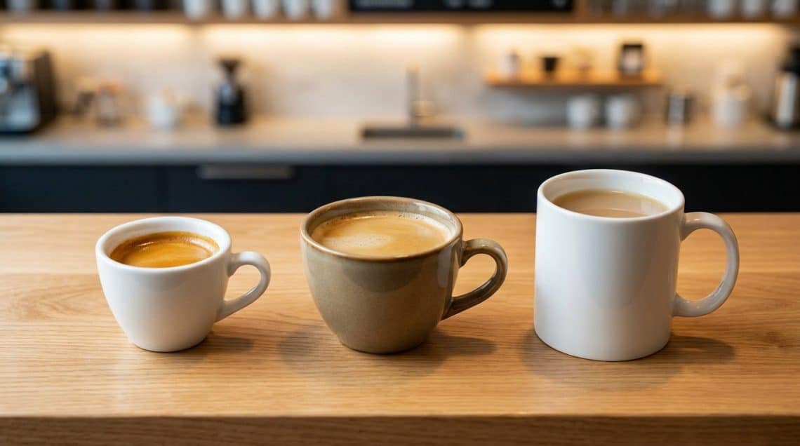 Trois tasses de café de tailles différentes alignées sur un comptoir en bois dans un café.
