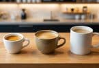 Trois tasses de café de tailles différentes alignées sur un comptoir en bois dans un café.