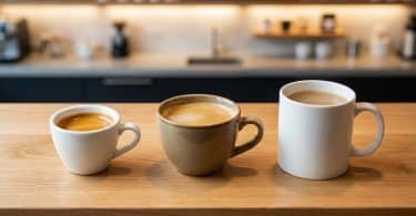 Trois tasses de café de tailles différentes alignées sur un comptoir en bois dans un café.