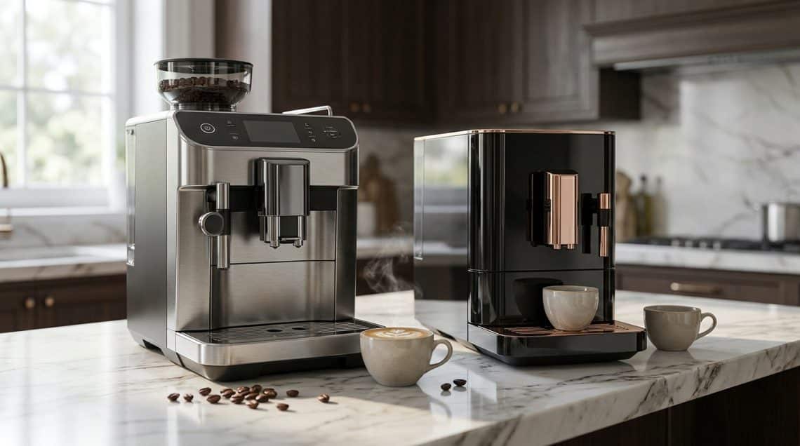Deux machines &agrave; caf&eacute; Jura haut de gamme pos&eacute;es sur un plan de travail en marbre avec des tasses de caf&eacute;.