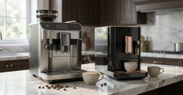 Deux machines à café Jura haut de gamme posées sur un plan de travail en marbre avec des tasses de café.