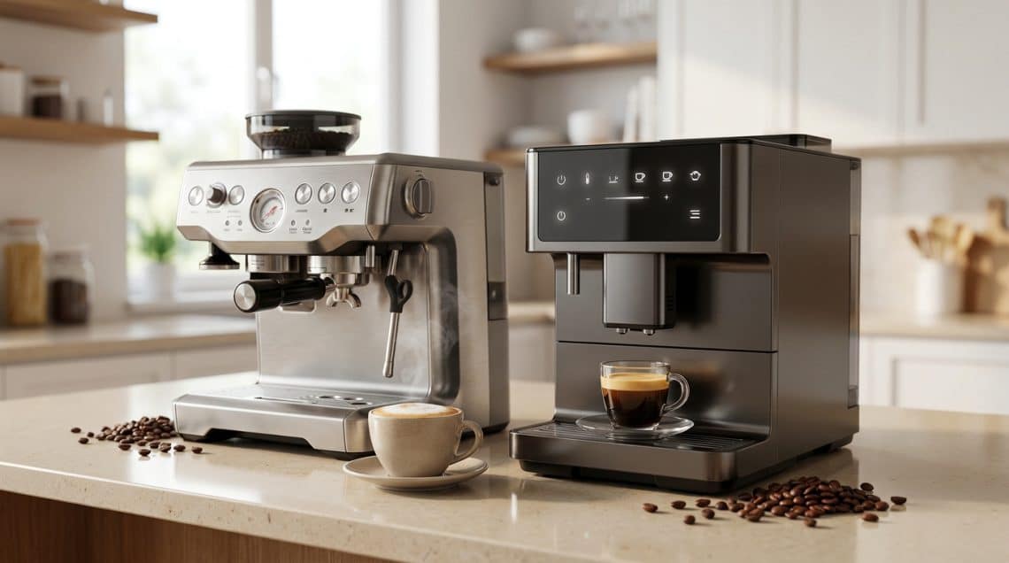 Deux machines &agrave; caf&eacute; pos&eacute;es sur un comptoir de cuisine, l'une manuelle en inox et l'autre automatique moderne.