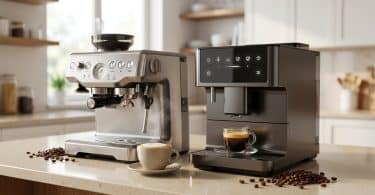Deux machines à café posées sur un comptoir de cuisine, l'une manuelle en inox et l'autre automatique moderne.