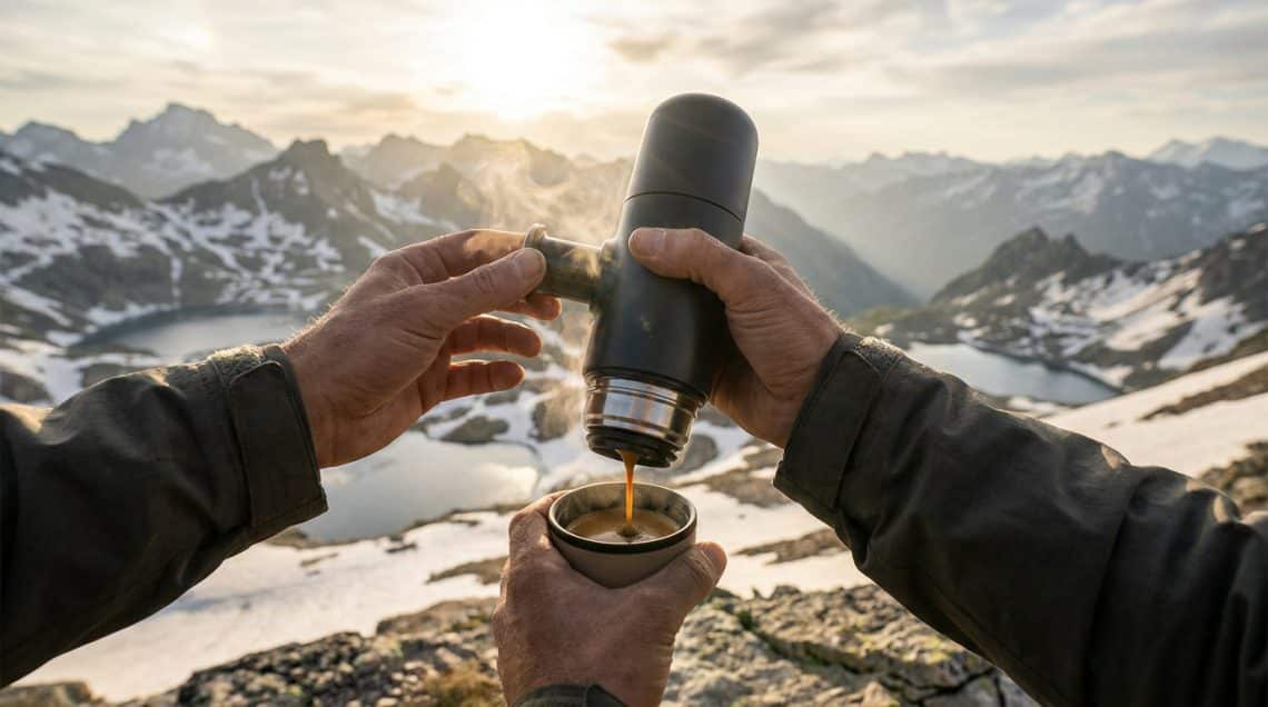 Mains utilisant une cafeti&egrave;re portable pour servir un caf&eacute; chaud face &agrave; un paysage montagneux enneig&eacute; au coucher du soleil.