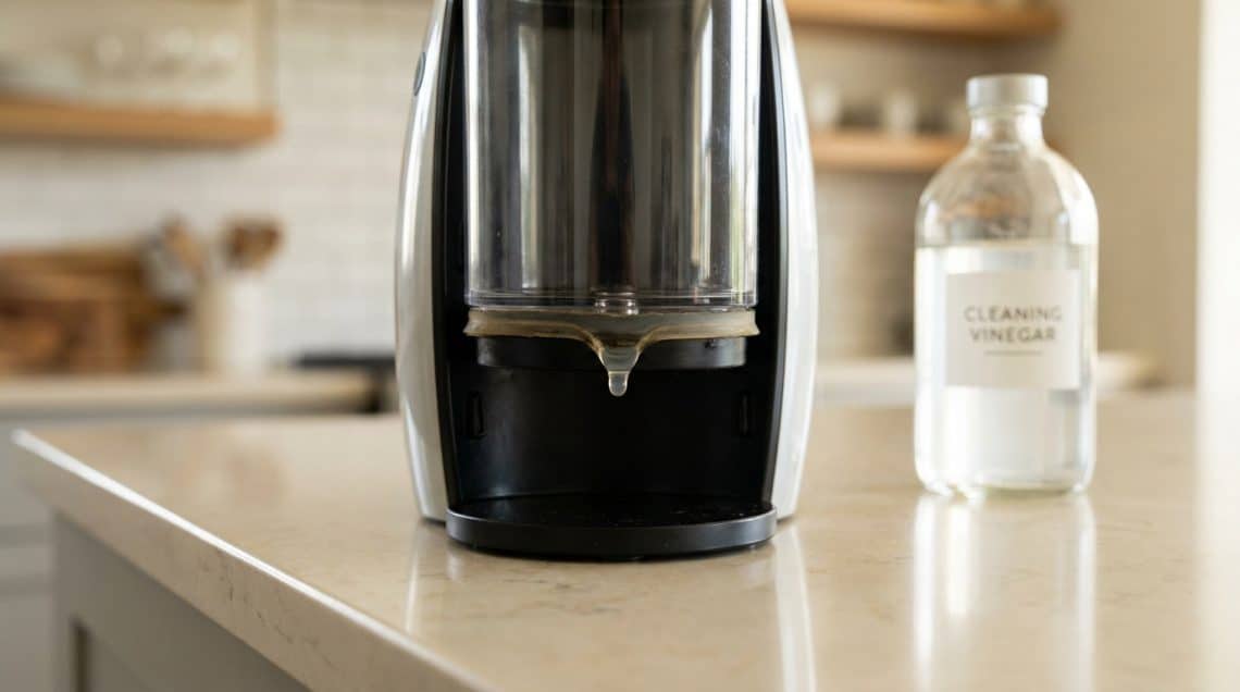 Une cafeti&egrave;re Dolce Gusto sur un comptoir &agrave; c&ocirc;t&eacute; d'une bouteille de vinaigre m&eacute;nager.